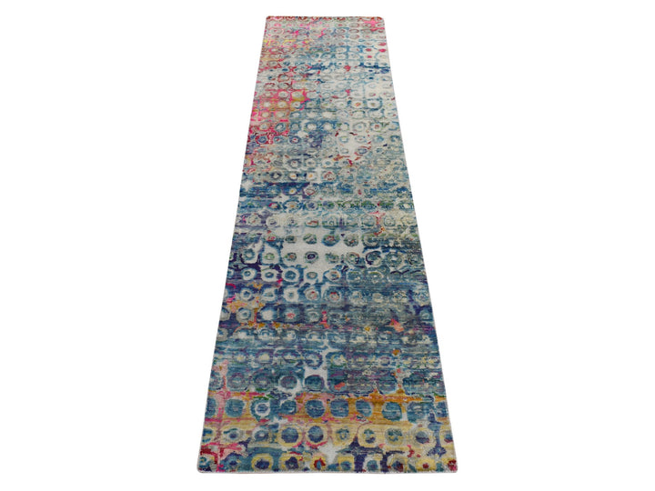 2'7" x 10'2" New Hand Knotted Blue Sari Silk Runner Oriental Rug - MOA10278249