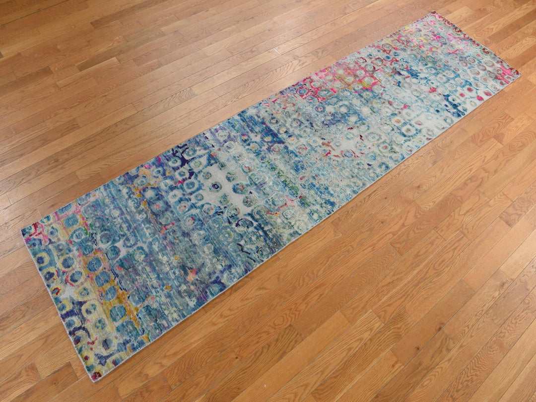 2'7" x 10'2" New Hand Knotted Blue Sari Silk Runner Oriental Rug - MOA10278249
