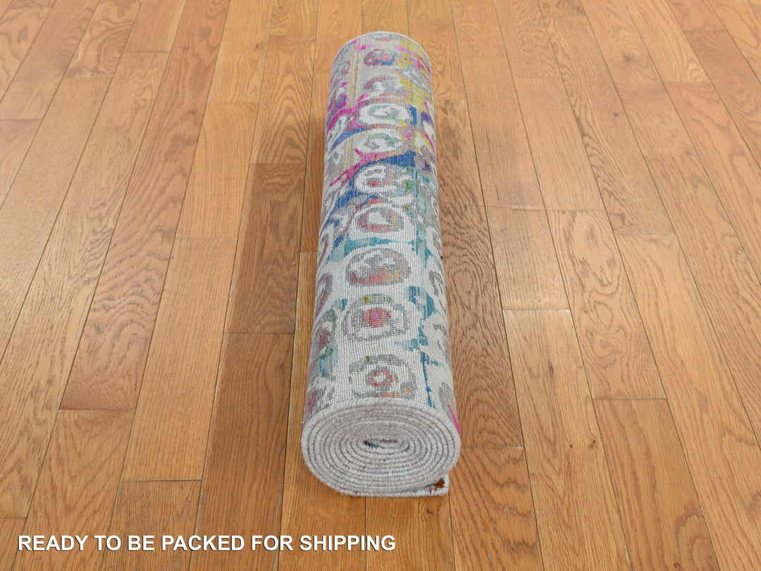 2'7" x 10'2" New Hand Knotted Blue Sari Silk Runner Oriental Rug - MOA10278249