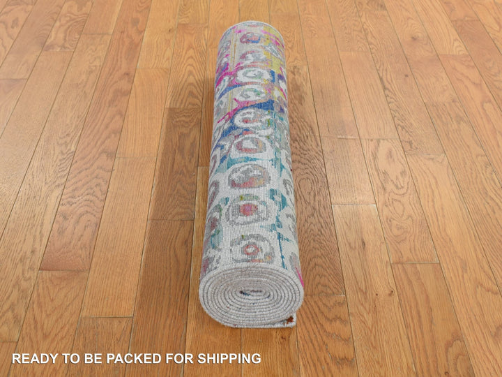 2'7" x 10'2" New Hand Knotted Blue Sari Silk Runner Oriental Rug - MOA10278249