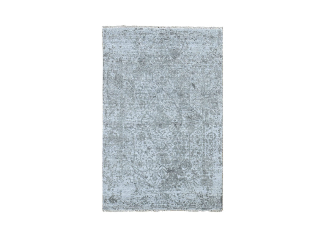 3'2" x 5'1" New Hand Knotted Grey Wool & Silk Rectangle Oriental Rug - MOA10278268
