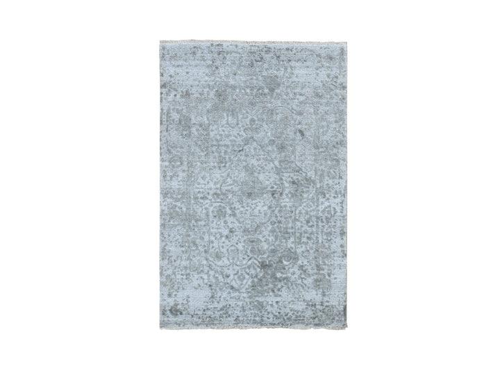 3'2" x 5'1" New Hand Knotted Grey Wool & Silk Rectangle Oriental Rug - MOA10278268