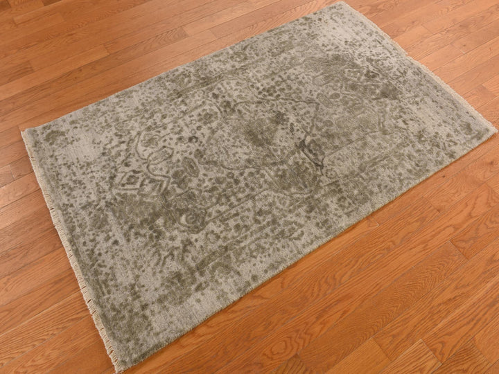 3'2" x 5'1" New Hand Knotted Grey Wool & Silk Rectangle Oriental Rug - MOA10278268