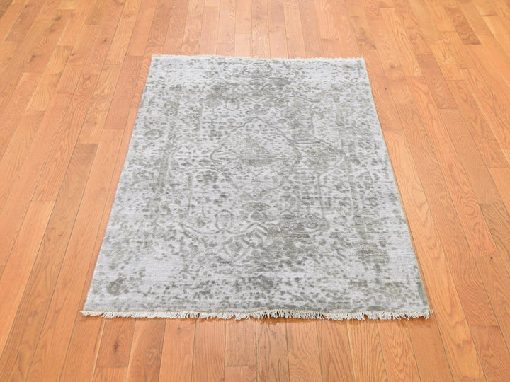 3'2" x 5'1" New Hand Knotted Grey Wool & Silk Rectangle Oriental Rug - MOA10278268