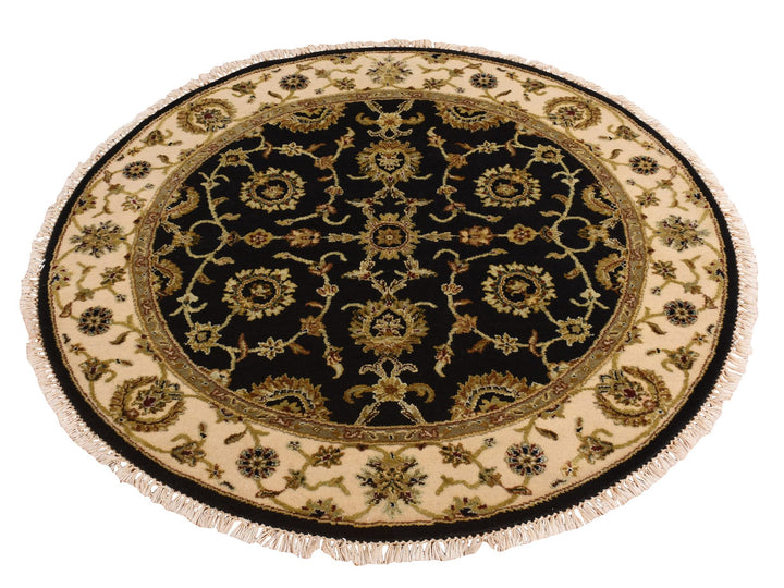 4'2" x 4'2" New Hand Knotted Black Wool & Silk Round Oriental Rug - MOA10278281