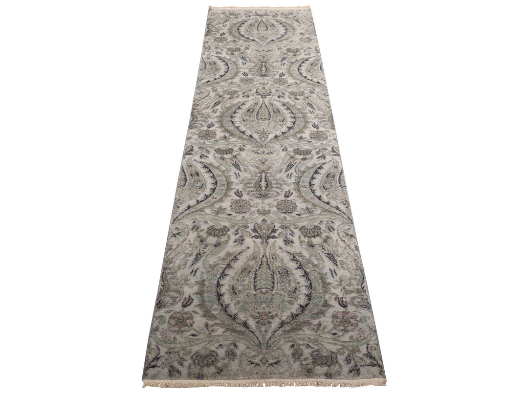 3'0" x 11'10" New Hand Knotted Grey Wool & Pure Silk Runner Oriental Rug - MOA10278282