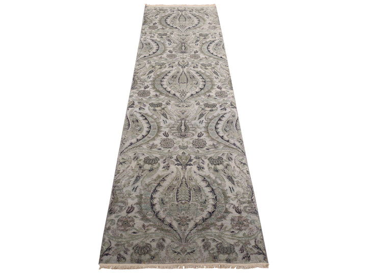 3'0" x 11'10" New Hand Knotted Grey Wool & Pure Silk Runner Oriental Rug - MOA10278282