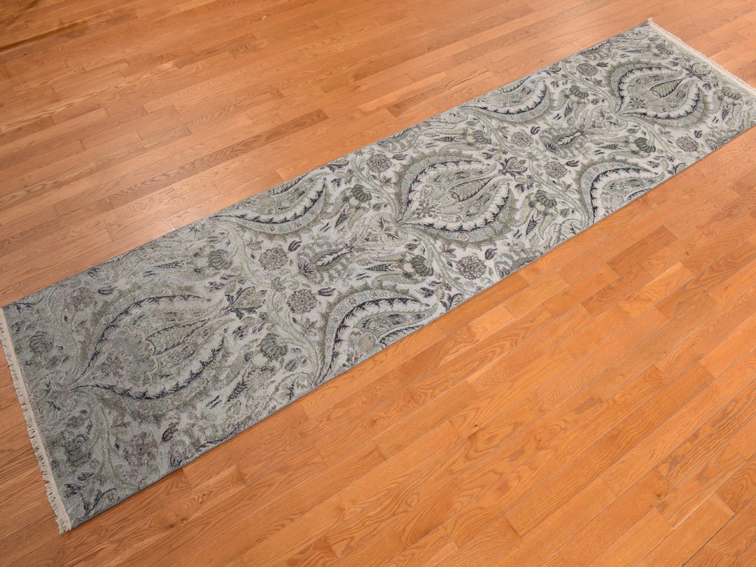 3'0" x 11'10" New Hand Knotted Grey Wool & Pure Silk Runner Oriental Rug - MOA10278282
