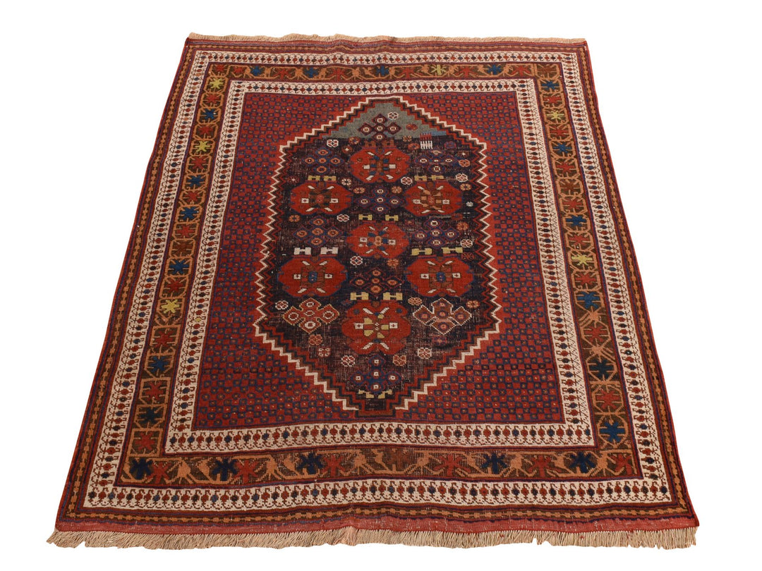 4'1" x 5'0" Vintage Hand Knotted Red Wool Rectangle Oriental Rug - MOA10278283