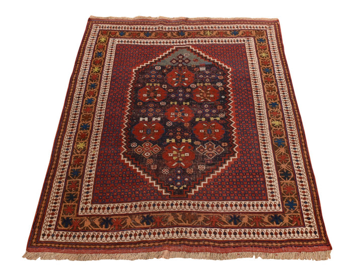 4'1" x 5'0" Vintage Hand Knotted Red Wool Rectangle Oriental Rug - MOA10278283