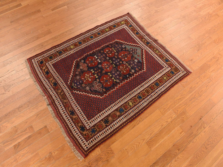 4'1" x 5'0" Vintage Hand Knotted Red Wool Rectangle Oriental Rug - MOA10278283