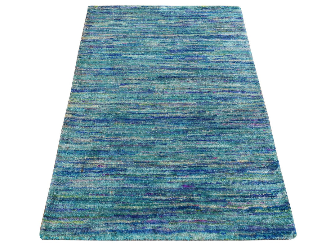 2'1" x 3'2" New Hand Knotted Blue Sari Silk Rectangle Oriental Rug - MOA10278295