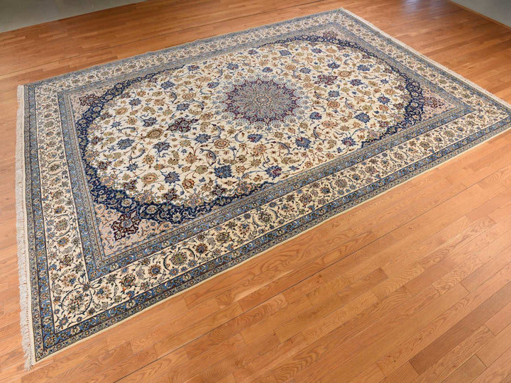 10'1" x 14'8" Vintage Hand Knotted Ivory Wool & Silk Rectangle Oriental Rug - MOA10278353