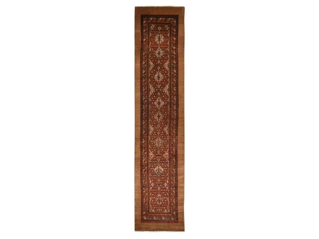 3'2" x 15'0" Vintage Hand Knotted Brown Wool Runner Oriental Rug - MOA10278368
