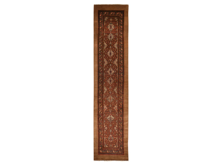 3'2" x 15'0" Vintage Hand Knotted Brown Wool Runner Oriental Rug - MOA10278368