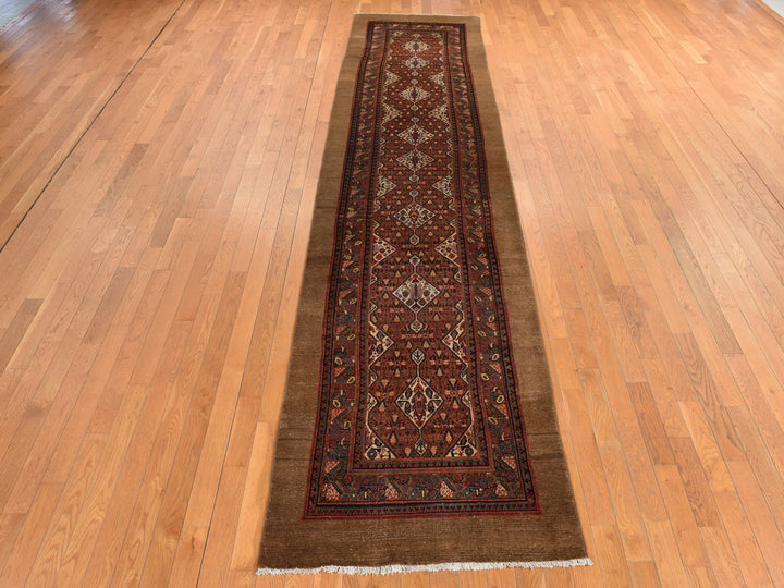 3'2" x 15'0" Vintage Hand Knotted Brown Wool Runner Oriental Rug - MOA10278368