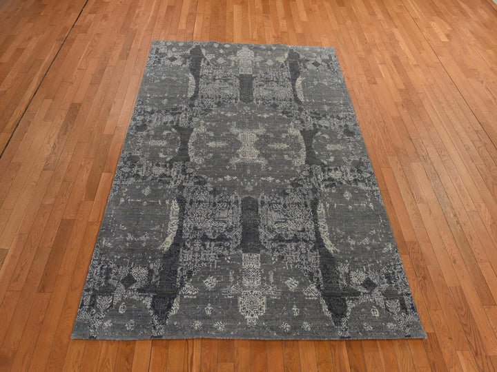 6'1" x 9'2" New Hand Knotted Grey Wool & Silk Rectangle Oriental Rug - MOA10278391