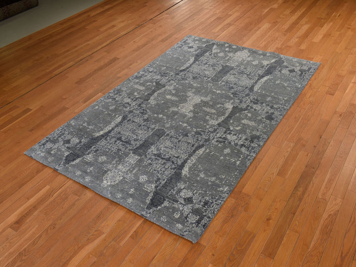 6'1" x 9'2" New Hand Knotted Grey Wool & Silk Rectangle Oriental Rug - MOA10278391
