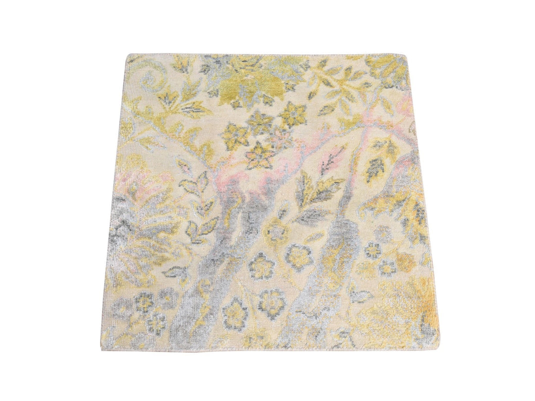 2'0" x 2'0" New Hand Knotted Yellow Wool & Silk Square Oriental Rug - MOA10278443