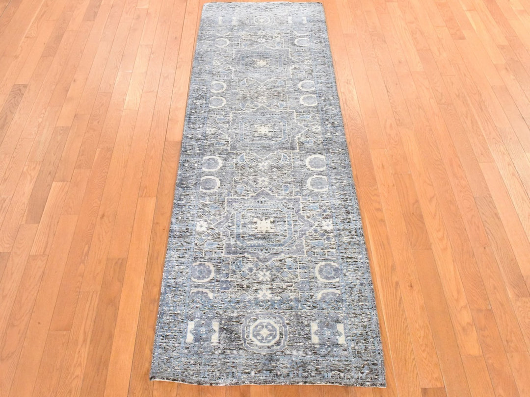 2'7" x 8'0" New Hand Knotted Blue Silk Runner Oriental Rug - MOA10278453