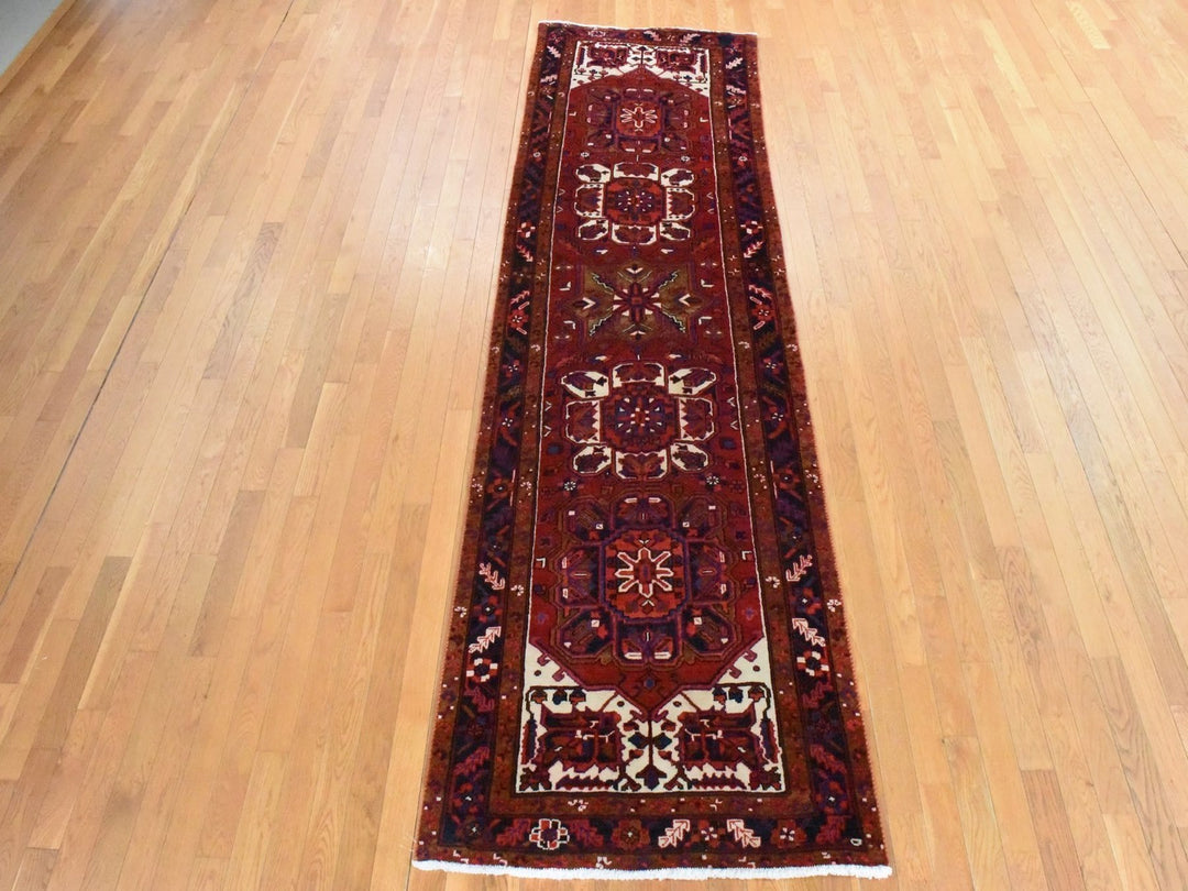3'4" x 10'9" Vintage Hand Knotted Red Wool Runner Oriental Rug - MOA10278455