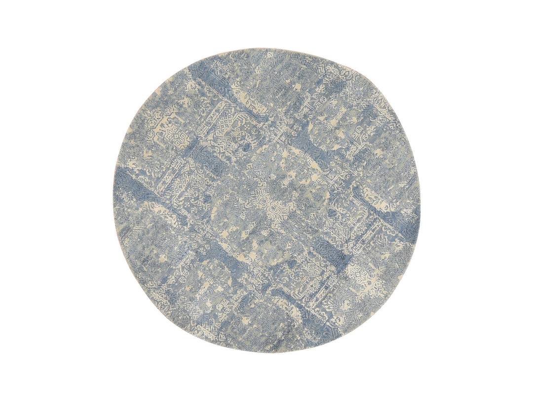 4'0" x 4'0" New Hand Knotted Blue Wool & Pure Silk Round Oriental Rug - MOA10278461