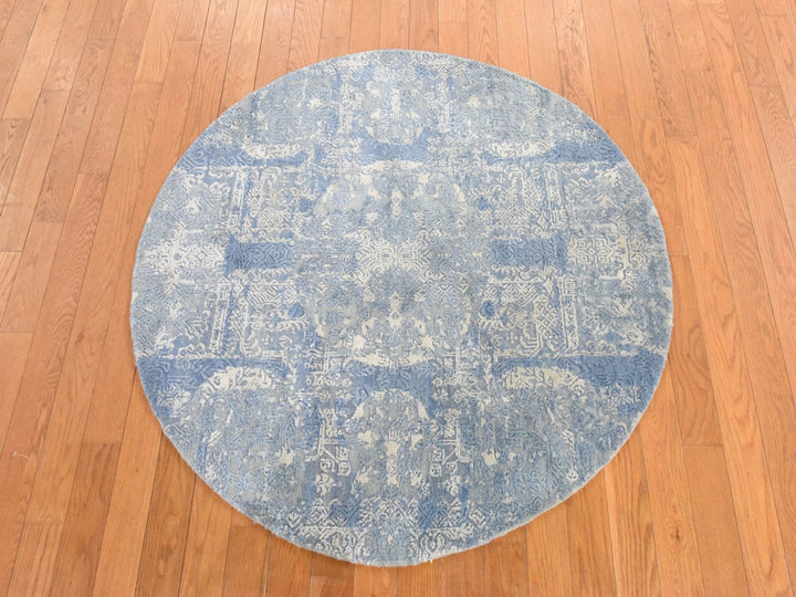 4'0" x 4'0" New Hand Knotted Blue Wool & Pure Silk Round Oriental Rug - MOA10278461