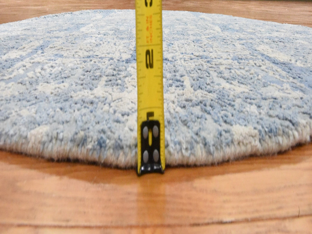 4'0" x 4'0" New Hand Knotted Blue Wool & Pure Silk Round Oriental Rug - MOA10278461