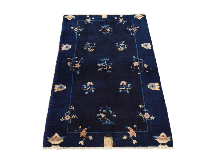 3'0" x 4'6" Vintage Hand Knotted Blue Wool Rectangle Oriental Rug - MOA10278479