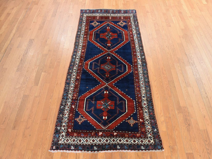 4'0" x 8'9" Vintage Hand Knotted Blue Wool Runner Oriental Rug - MOA10278495