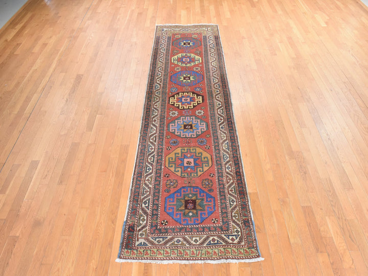 3'4" x 11'2" Vintage Hand Knotted Red Wool Runner Oriental Rug - MOA10278502