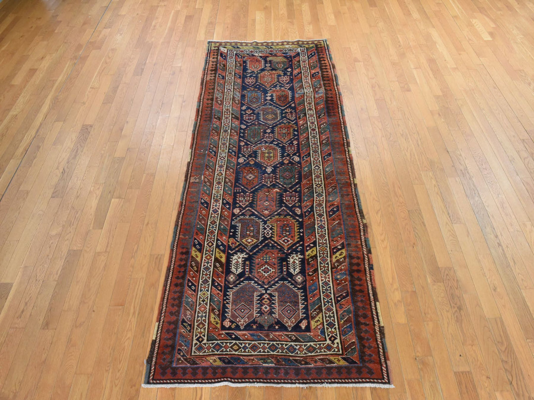 3'10" x 9'10" Vintage Hand Knotted Blue Wool Runner Oriental Rug - MOA10278504