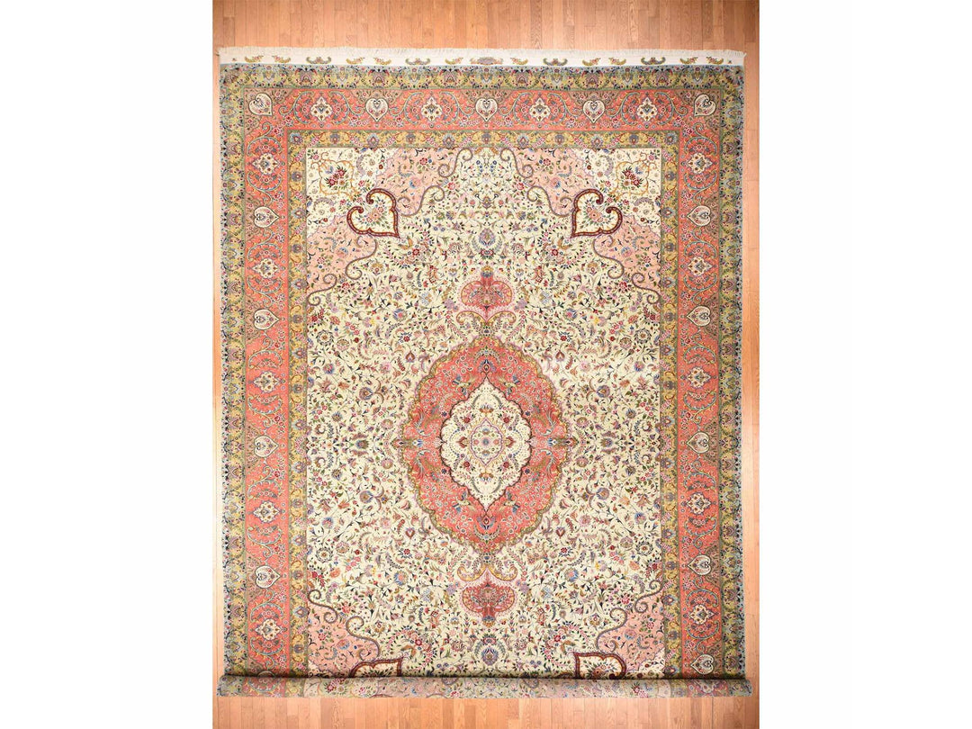 13'0" x 20'3" New Hand Knotted Ivory Wool & Silk Rectangle Oriental Rug - MOA10278508