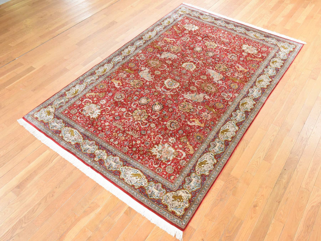 6'0" x 9'5" New Hand Knotted Red Silk Rectangle Oriental Rug - MOA10278519