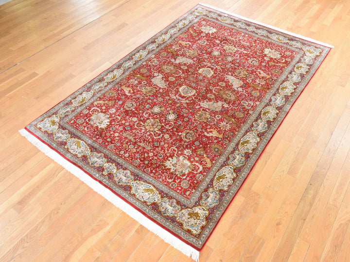 6'0" x 9'5" New Hand Knotted Red Silk Rectangle Oriental Rug - MOA10278519