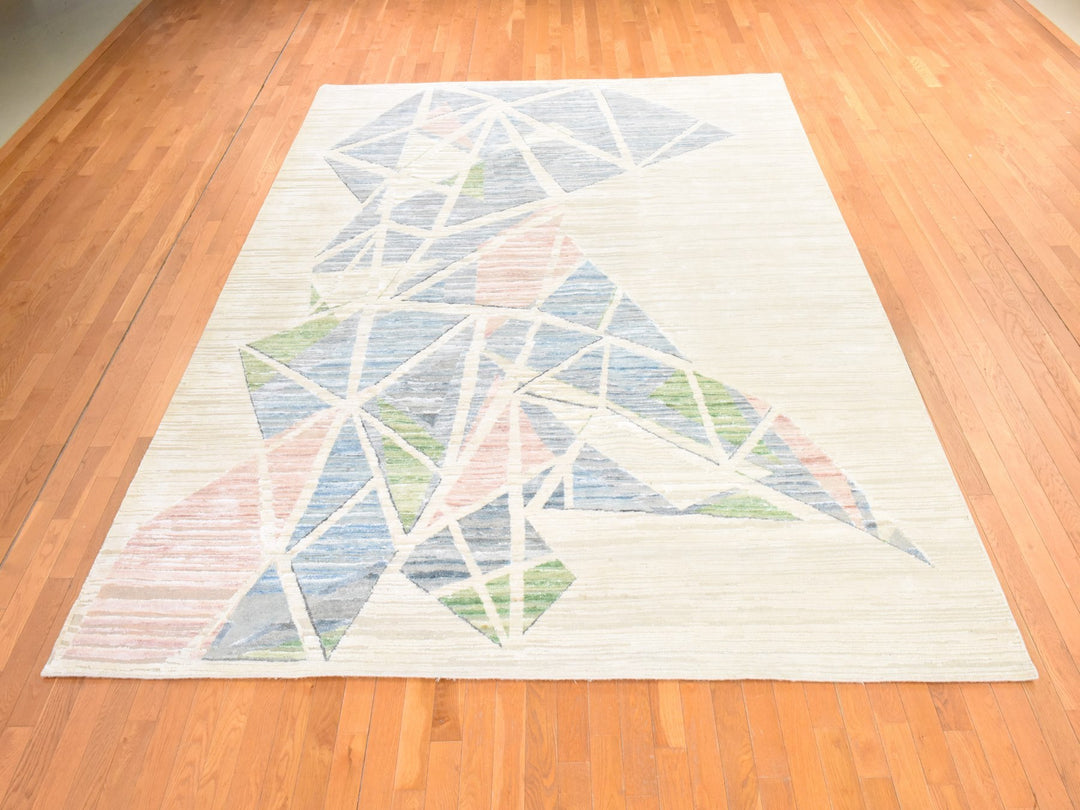 9'0" x 12'0" New Hand Knotted Ivory Wool & Silk Rectangle Oriental Rug - MOA10278537