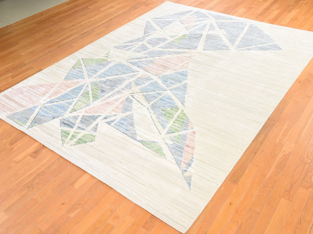 9'0" x 12'0" New Hand Knotted Ivory Wool & Silk Rectangle Oriental Rug - MOA10278537