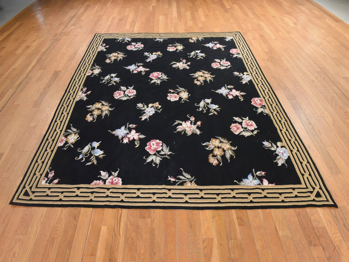 7'8" x 9'5" New Hand Stitched Black Wool Rectangle Oriental Rug - MOA10278541