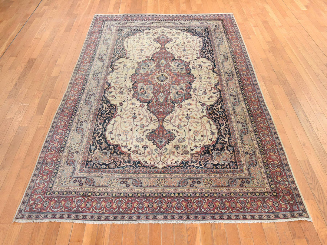 6'6" x 10'2" Vintage Hand Knotted Ivory Wool Rectangle Oriental Rug - MOA10278546