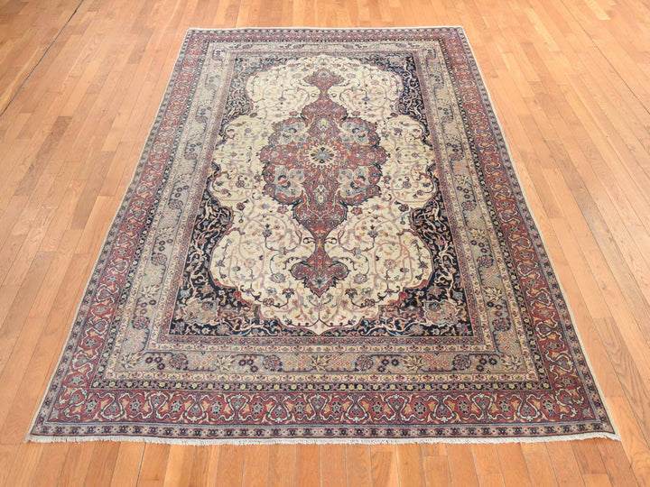 6'6" x 10'2" Vintage Hand Knotted Ivory Wool Rectangle Oriental Rug - MOA10278546
