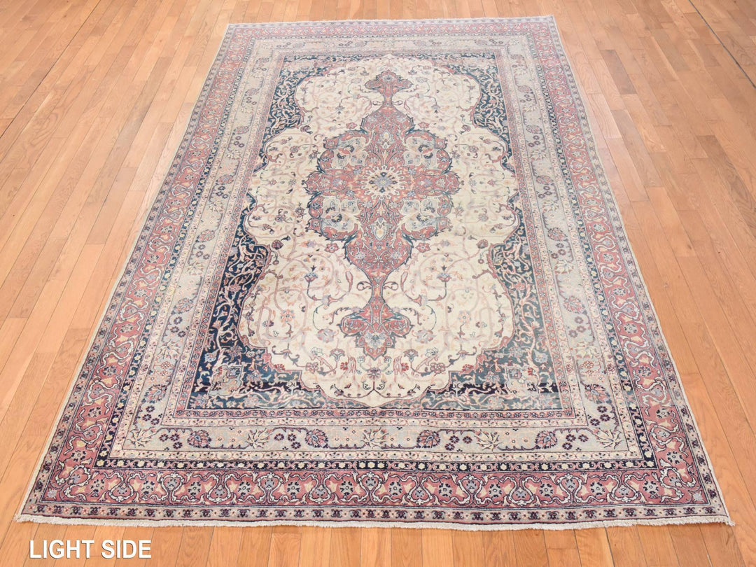 6'6" x 10'2" Vintage Hand Knotted Ivory Wool Rectangle Oriental Rug - MOA10278546