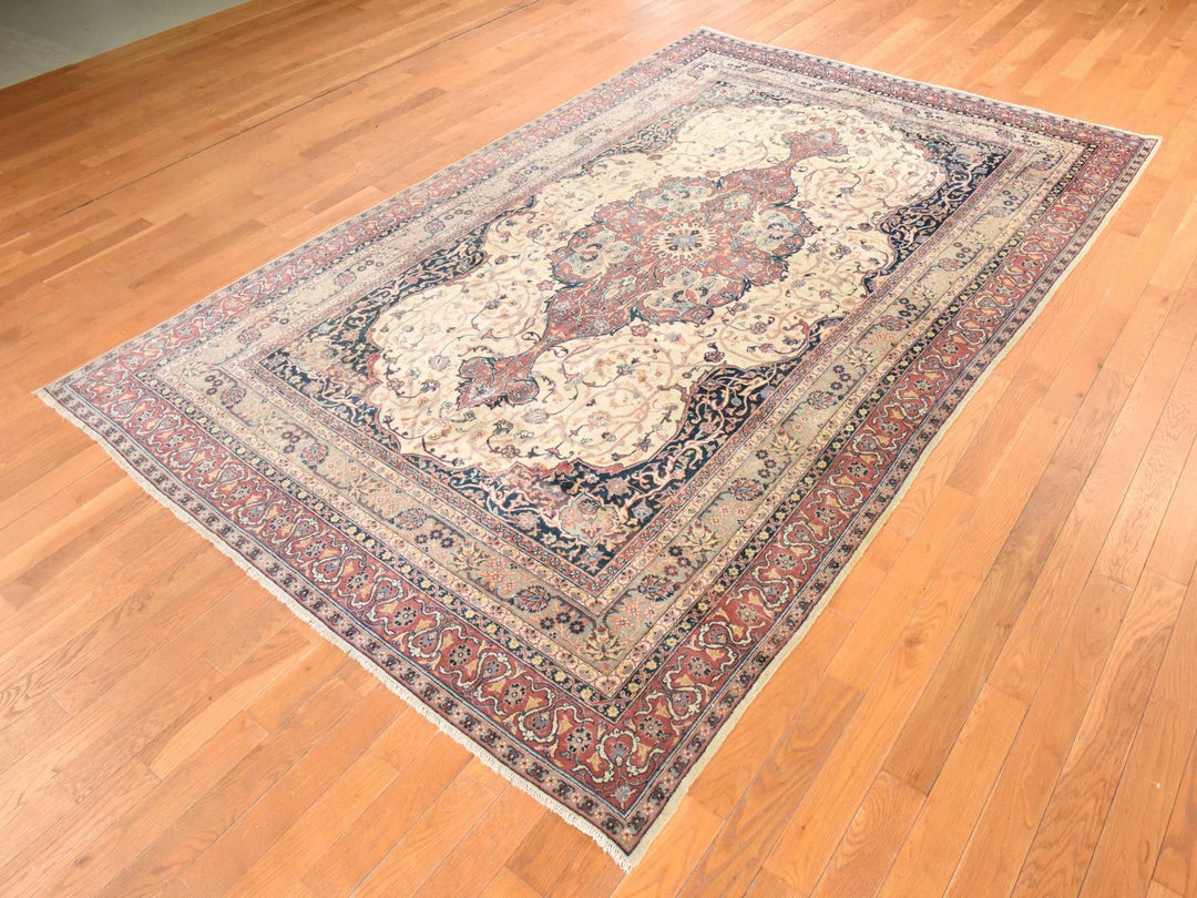 6'6" x 10'2" Vintage Hand Knotted Ivory Wool Rectangle Oriental Rug - MOA10278546