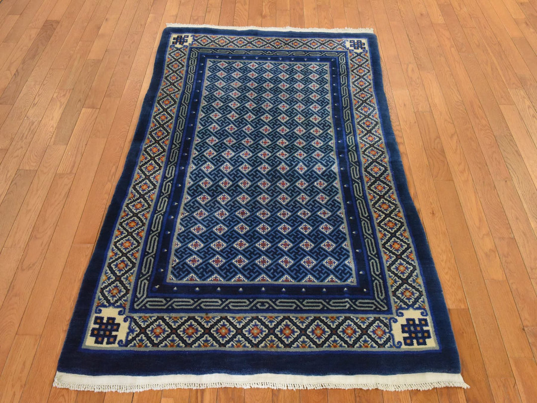 3'10" x 6'2" Vintage Hand Knotted Blue Wool Rectangle Oriental Rug - MOA10278562