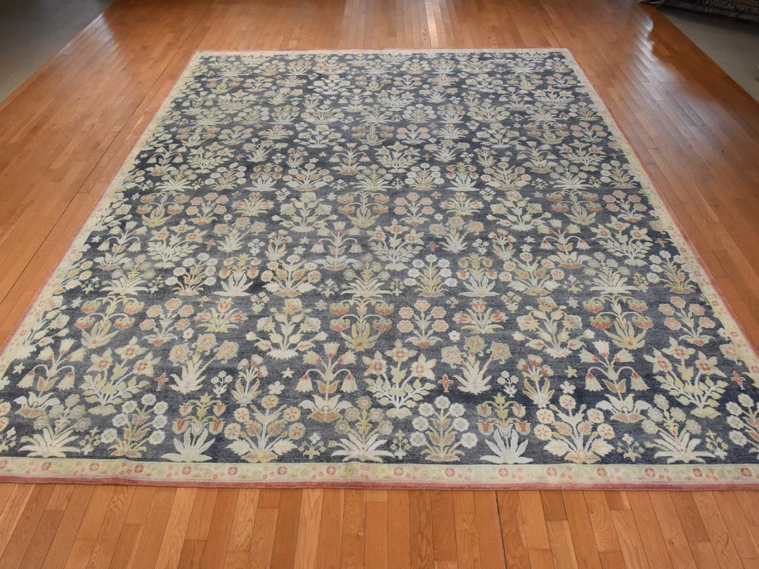 12'0" x 14'1" New Hand Knotted Black Wool & Silk Rectangle Oriental Rug - MOA10278573