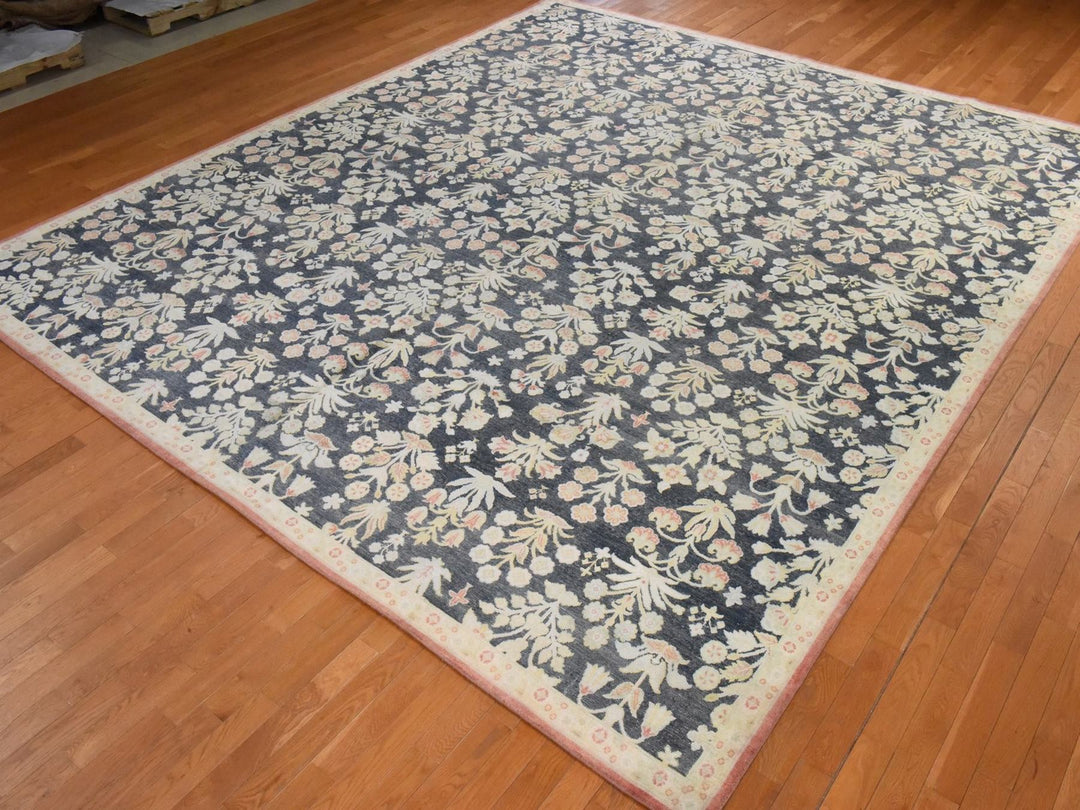 12'0" x 14'1" New Hand Knotted Black Wool & Silk Rectangle Oriental Rug - MOA10278573