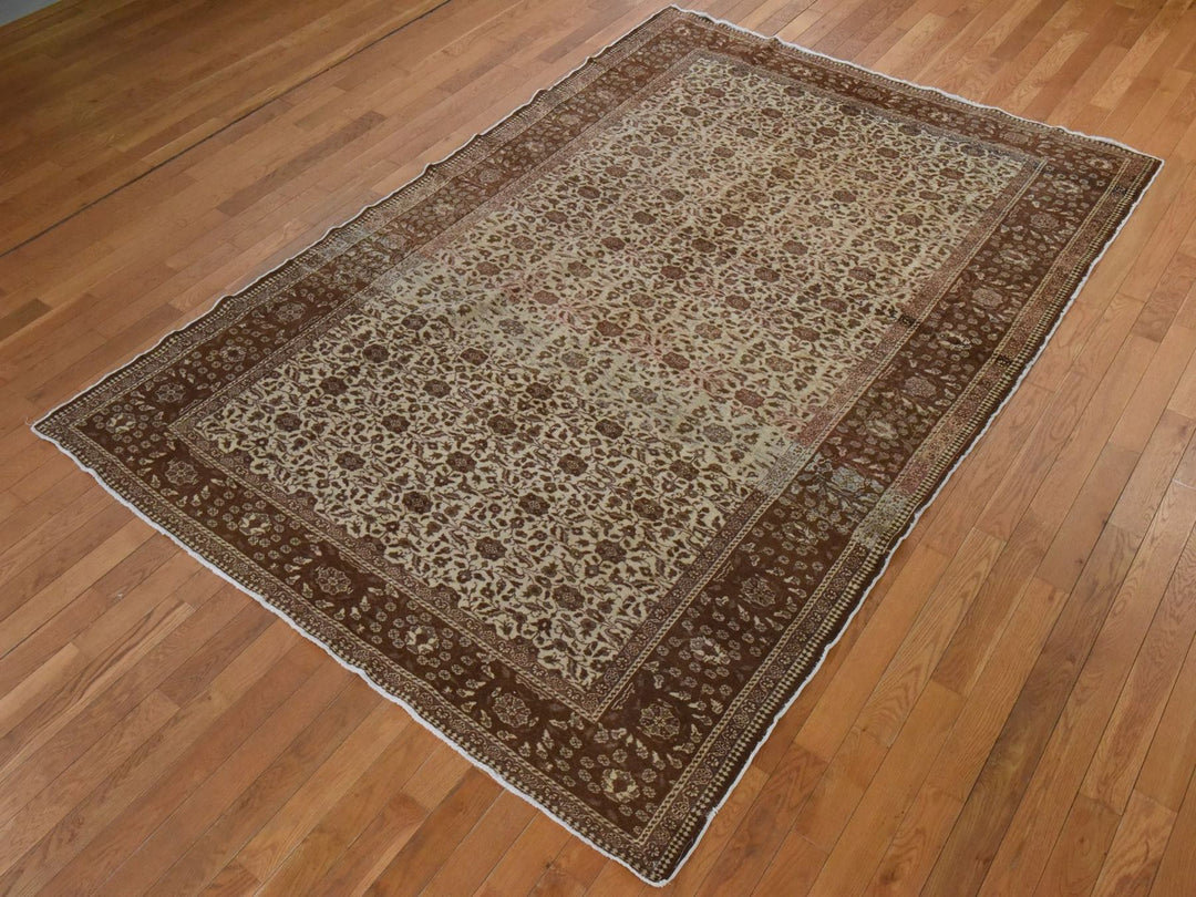 6'6" x 9'5" Vintage Hand Knotted Ivory Wool Rectangle Oriental Rug - MOA10278586
