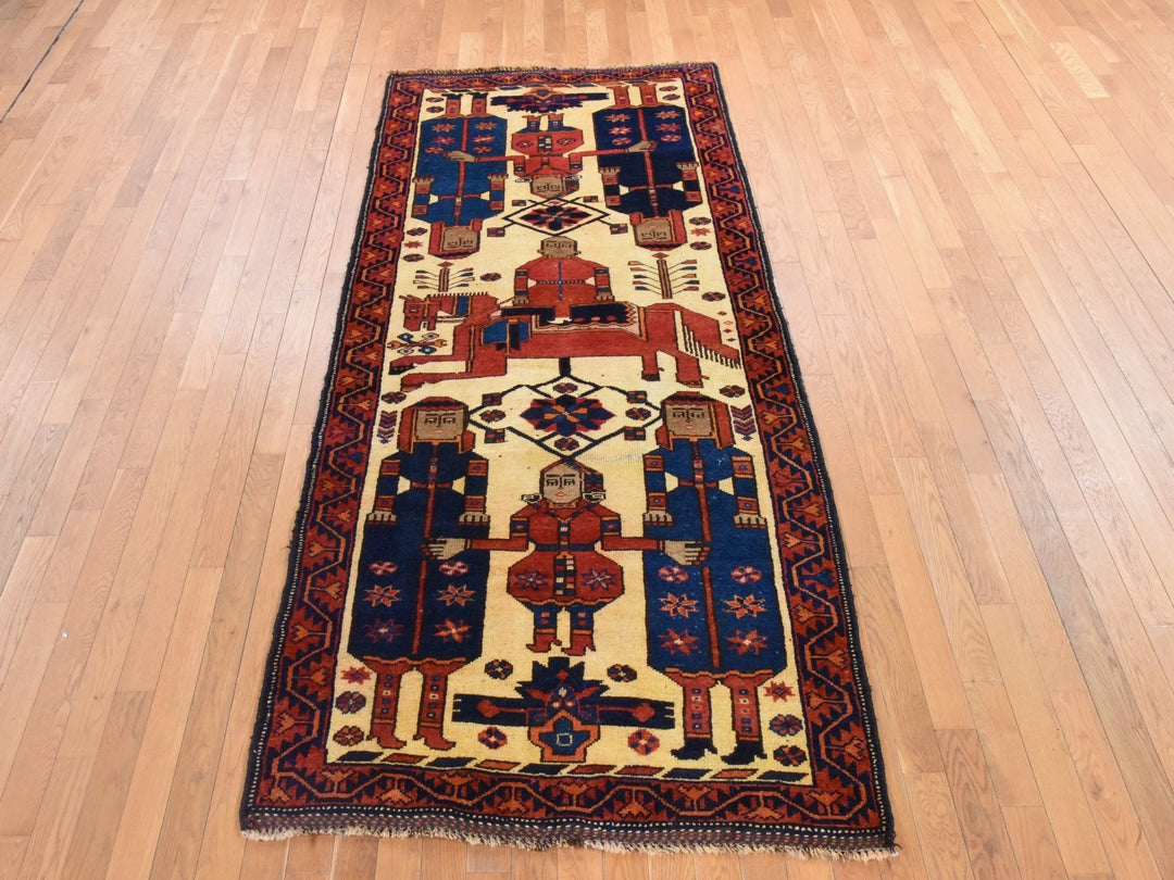 4'1" x 9'7" Vintage Hand Knotted Ivory Wool Runner Oriental Rug - MOA10278619