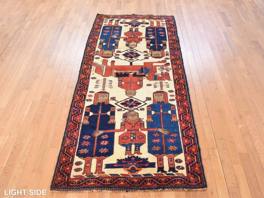 4'1" x 9'7" Vintage Hand Knotted Ivory Wool Runner Oriental Rug - MOA10278619