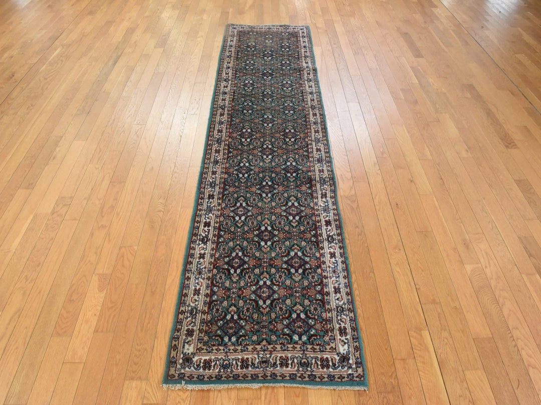 2'5" x 9'6" Vintage Hand Knotted Green Wool Runner Oriental Rug - MOA10278625