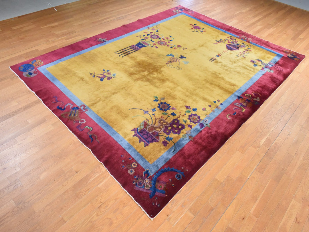 9'10" x 13'5" Vintage Hand Knotted Yellow Wool Rectangle Oriental Rug - MOA10278630